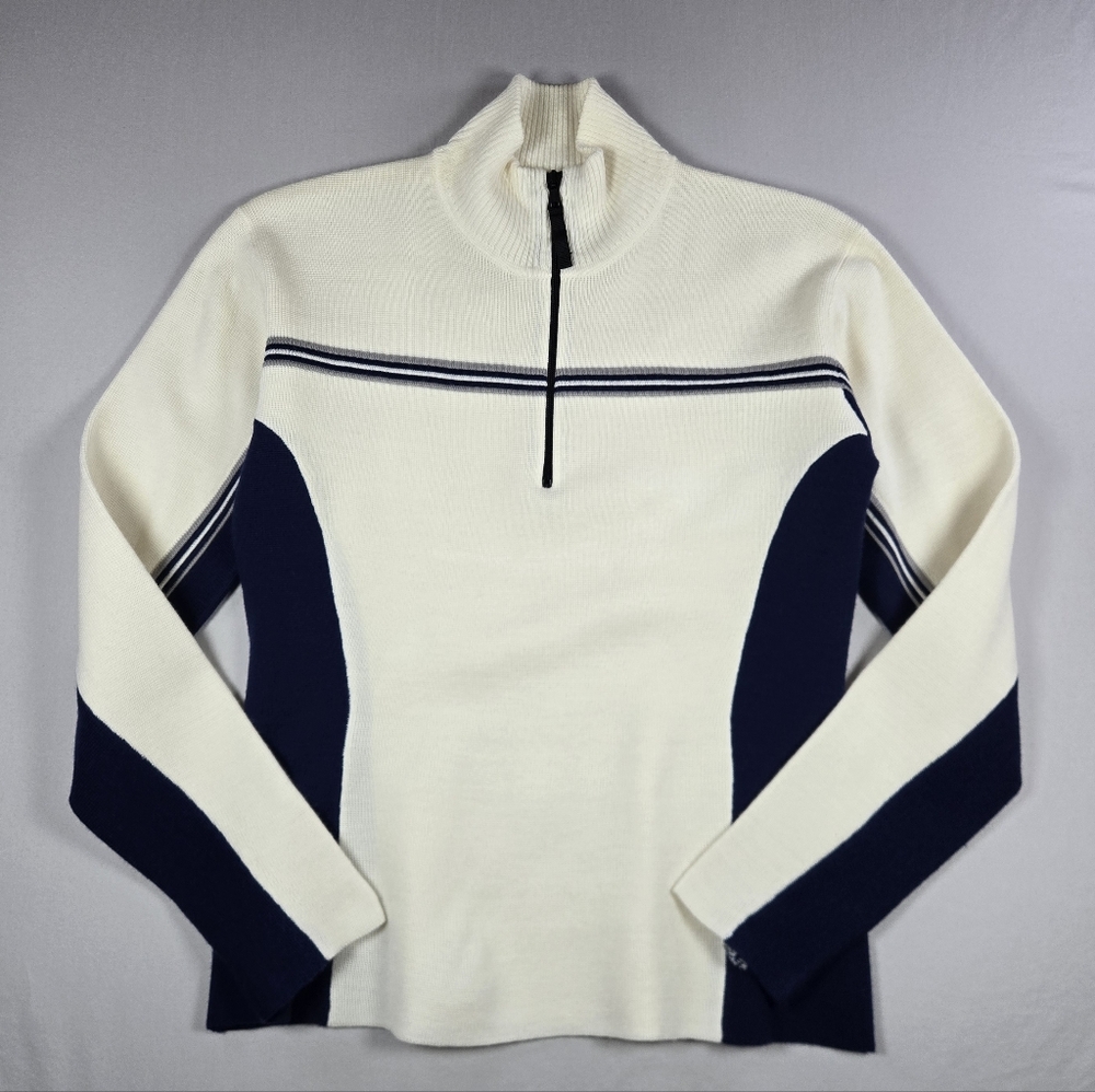 Vintage Obermeyer Women’s Large 1/4 Zip Ski Sweater Cream Navy Stripe Like New